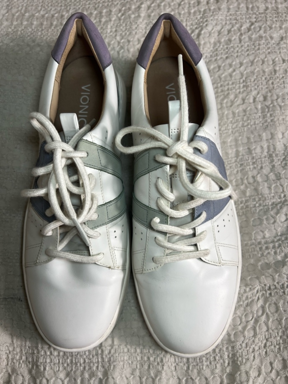 Vionic White Leather Sneakers with Gray-Green & Lavender Accents size 10